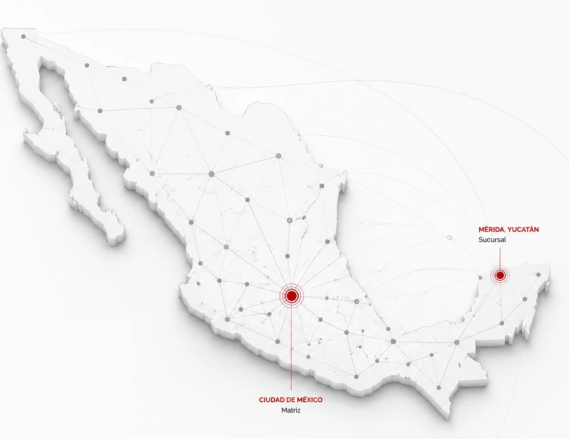 Mapa de México con la matriz en Ciudad de México y la sucursal en Mérida, conectadas con la red nacional de proveedores.