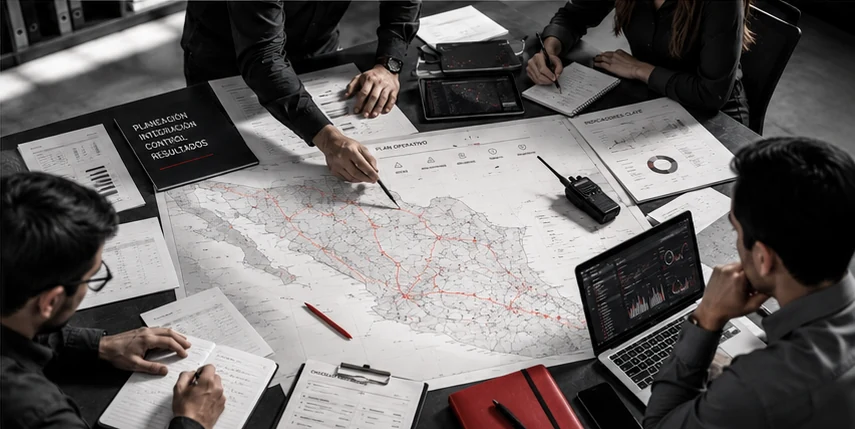 Equipo de Macalpin en sesión de planeación operativa sobre un mapa de rutas de México.